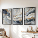 3 Piece Modern Abstract Marble Wall Art: Navy Blue and Gold by Wall Art Set