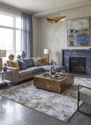 Blue and Gold Premium Hand Knotted Bamboo Silk Contemporary Modern Area Rug 8x10