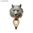 GobekUsa Country Style Tiger Sconce Wall Lamp for Children's Room - Yellow/Gray Resin with Clear Crystal Shade and 1 Bulb