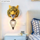 GobekUsa Country Style Tiger Sconce Wall Lamp for Children's Room - Yellow/Gray Resin with Clear Crystal Shade and 1 Bulb