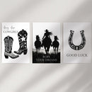 Black White Western Cowgirl 3 Piece Art. Boots, Horseshoe by Wall Art Set