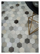 Cowhide Leather Patchwork Silver and Ivory Leather Modern Geometric Custom Made Rug