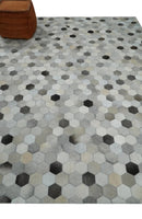 Cowhide Leather Patchwork Rug Silver and Ivory Modern Geometric Hand Stitched Design by The Rug Decor