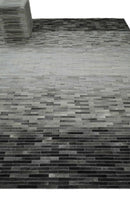Custom Made Cowhide Leather Striped Gray and Silver Leather Rug, Modern Rug