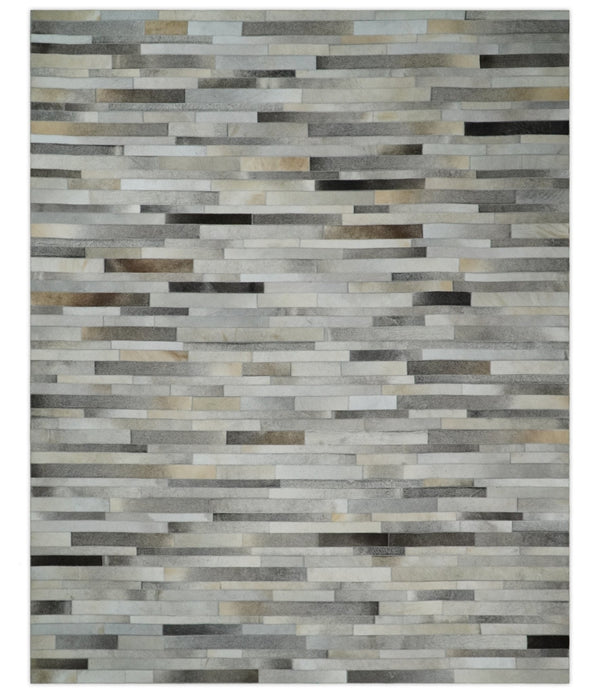 Geometric Cowhide Leather Area Rug - Striped Silver and Ivory
