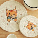 Cream braided rope cat print round coaster dining room heat pad by Decorbites