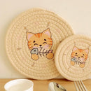 Cream braided rope cat print round coaster dining room heat pad by Decorbites
