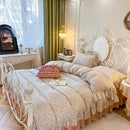 GobekUsa Double Layer Lace Ruffles Floral Bedding Set with Duvet Cover, Bed Skirt, Pillows