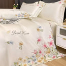 GobekUsa Flowers Embroidery Silky Duvet Set with Comforter Cover & Fitted Sheet