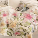 GobekUsa Flowers Embroidery Silky Duvet Set with Comforter Cover & Fitted Sheet