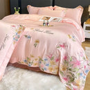 GobekUsa Flowers Embroidery Silky Duvet Set with Comforter Cover & Fitted Sheet