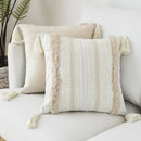 Cream geometric embroidery cushion cover living room textured tassels by Decorbites