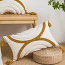 Cream geometric embroidery cushion cover living room textured tassels by Decorbites