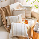 Cream geometric embroidery cushion cover living room textured tassels by Decorbites
