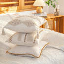 Cream geometric tufted cushion cover living room macrame fringe by Decorbites