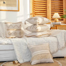 Cream geometric tufted cushion cover living room macrame fringe by Decorbites