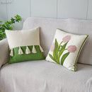 Cream green tulip embroidery cushion cover living room pillow case by Decorbites