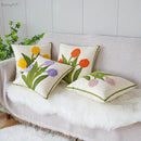 Cream green tulip embroidery cushion cover living room pillow case by Decorbites