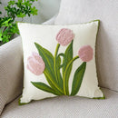 Cream green tulip embroidery cushion cover living room pillow case by Decorbites