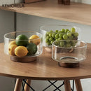 GobekUsa Creative Glass Fruit Bowl with Wood Base - Large Salad Bowl for Snacks, Popcorn, Nuts, and More
