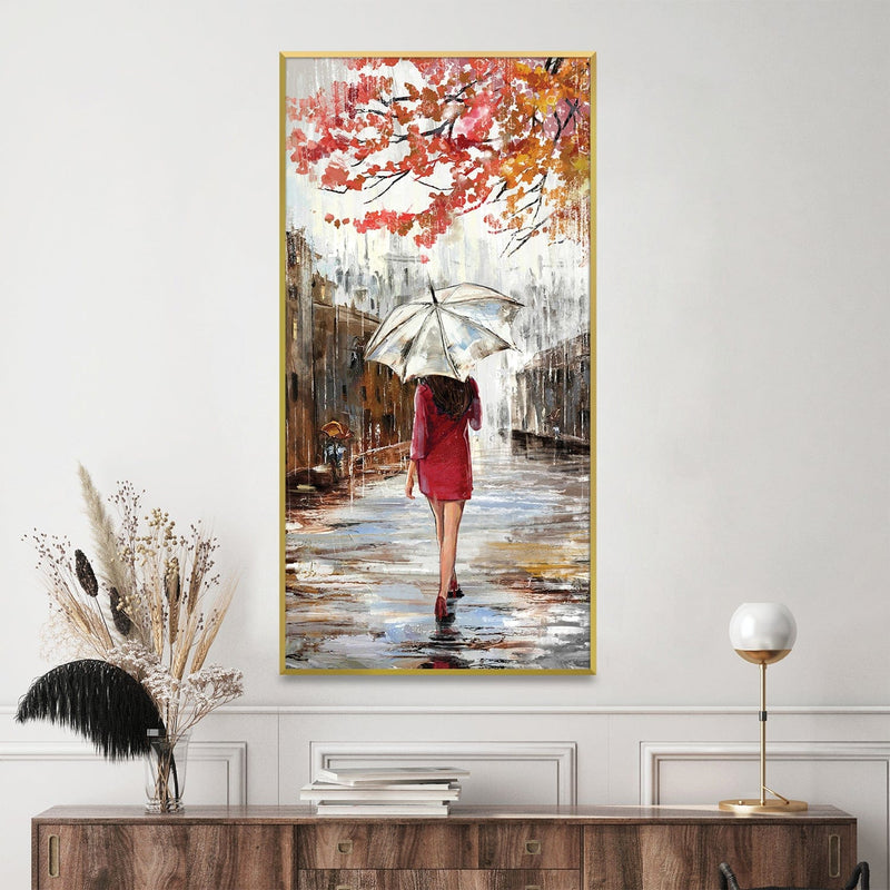 Crimson Stroll on Rainy Day Canvas