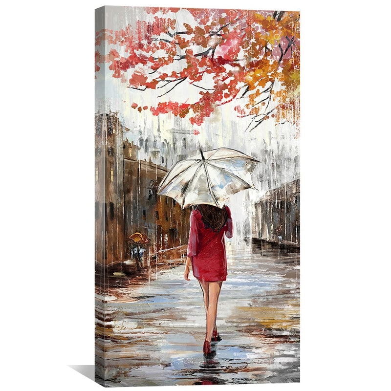 Crimson Stroll on Rainy Day Canvas