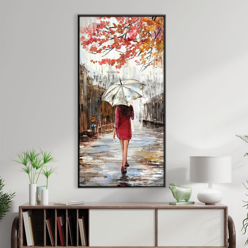 Crimson Stroll on Rainy Day Canvas