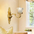 GobekUsa Crystal Glass Sconce: Single Bulb Gold Flower Wall Light with Swooping Arm