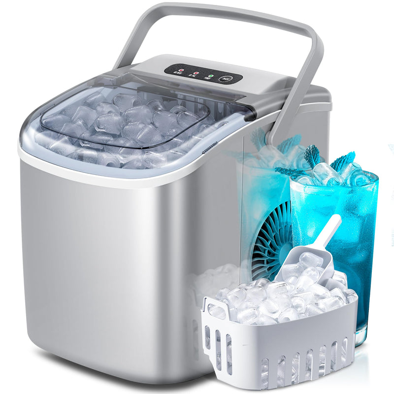Countertop Ice Maker Machine with Handle, 9 Bullet-Shaped Ice Cubes Ready in 6 Mins, 26Lbs/24H, Self-Cleaning Function with Ice Scoop and Basket for Home/Kitchen/Party (Grey)