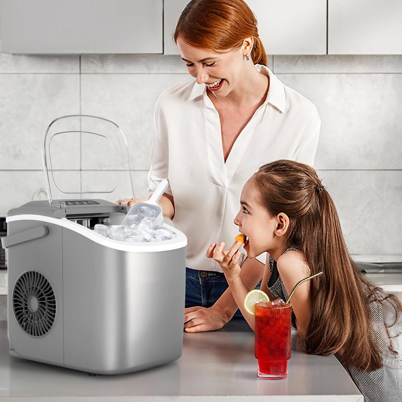 Countertop Ice Maker Machine with Handle, 9 Bullet-Shaped Ice Cubes Ready in 6 Mins, 26Lbs/24H, Self-Cleaning Function with Ice Scoop and Basket for Home/Kitchen/Party (Grey)