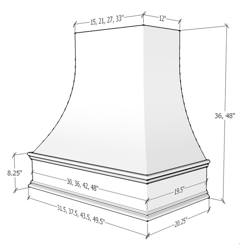 Unfinished Wood Range Hood With Curved Front and Decorative Trim - 30" 36" 42" 48" 54" and 60" Widths Available