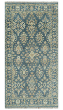 Blue and Beige Oushak Wool Area Rug - Hand Knotted Traditional