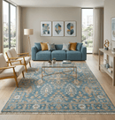 Blue and Beige Oushak Wool Area Rug - Hand Knotted Traditional
