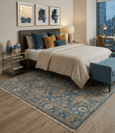 Blue and Beige Oushak Wool Area Rug - Hand Knotted Traditional