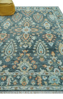 Custom Made Hand Knotted Charcoal and Blue Traditional Oushak Design Wool Rug by The Rug Decor