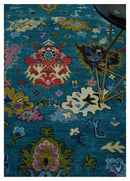 Hand Knotted Oushak Wool Rug Teal and Purple Antique Traditional Floral Geometric Style by The Rug Decor
