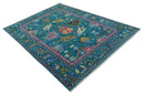 Hand Knotted Oushak Wool Rug Teal and Purple Antique Traditional Floral Geometric Style by The Rug Decor