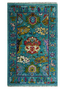 Hand Knotted Oushak Wool Rug Teal and Purple Antique Traditional Floral Geometric Style by The Rug Decor