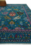 Hand Knotted Oushak Wool Rug Teal and Purple Antique Traditional Floral Geometric Style by The Rug Decor