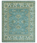 Custom Made Aqua and Beige Hand Knotted Traditional Wool Rug