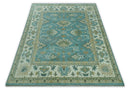 Custom Made Aqua and Beige Hand Knotted Traditional Wool Rug