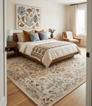 Beige Brown Blue Wool Area Rug - Traditional Floral Hand Tufted