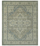 Custom Made Beige and Charcoal Traditional Heriz Medallion Hand Knotted wool Area Rug