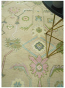 Beige and Green Oushak Wool Hand Knotted Traditional Area Rug