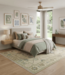 Beige and Green Oushak Wool Hand Knotted Traditional Area Rug