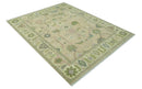 Beige and Green Oushak Wool Hand Knotted Traditional Area Rug