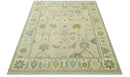 Beige and Green Oushak Wool Hand Knotted Traditional Area Rug