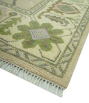 Beige and Green Oushak Wool Hand Knotted Traditional Area Rug