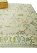 Beige and Green Oushak Wool Hand Knotted Traditional Area Rug