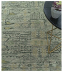 Custom Made Beige And Green  Modern Geometrical Design Hand Knotted wool rug